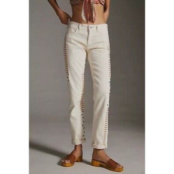 Anthropologie Pilcro Ivory/Cream Slim Boyfriend Tall Jeans With Colorful Embroid - Picture 2 of 16